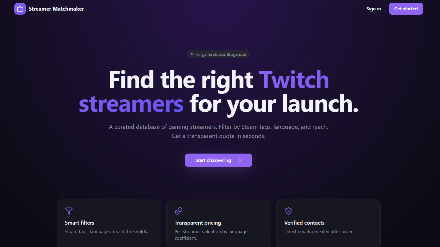 Virtual PR Agency web app: streamer matchmaking dashboard